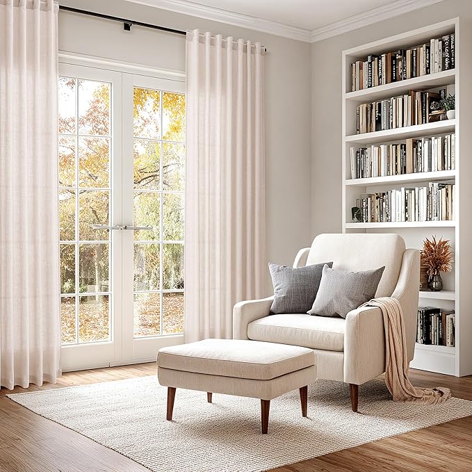 Nanspring Natural White Linen Curtains 120 Inches Long for Living Room Textured Neutral Farmhouse Privacy Sheer Curtains Back Tab Floor to Ceiling Curtain for Bedroom Office 52x120, 2 Panels