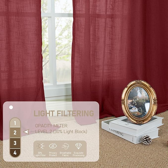 LAMIT 95 inch Linen Curtains for Living Room, Burgundy Red Bronze Grommet Christmas Panels Light Filtering Semi Sheer Drapes for Bedroom/Dining Hall, 2 Panels Set, 52 x 95 Inch