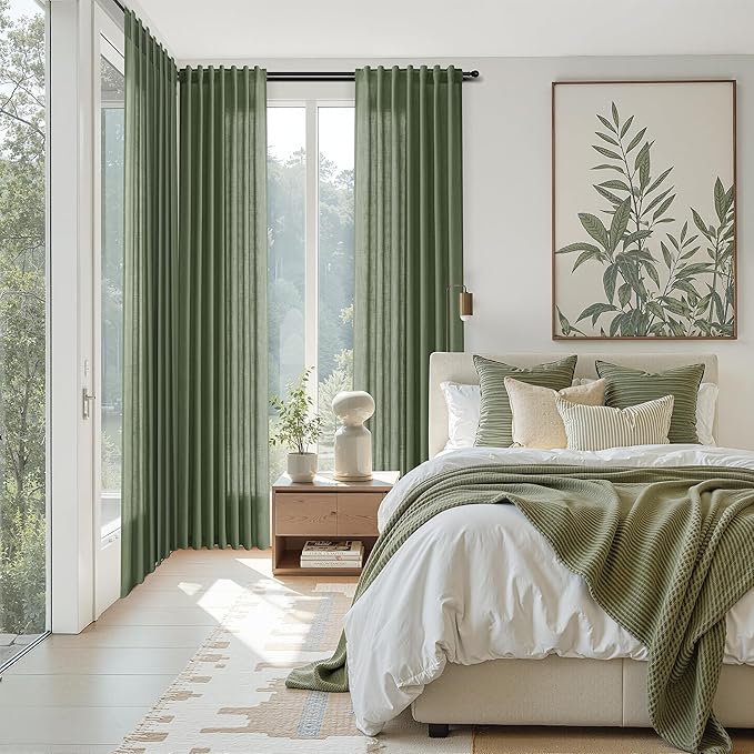 Nanspring Forest Green Linen Curtains for Living Room 120 Inches Long Light Filtering Semi Sheer Curtain Back Tab Wabi Sabi Boho Decor Floor to Ceiling High Window for Bedroom Office 52x120, 2 Panels
