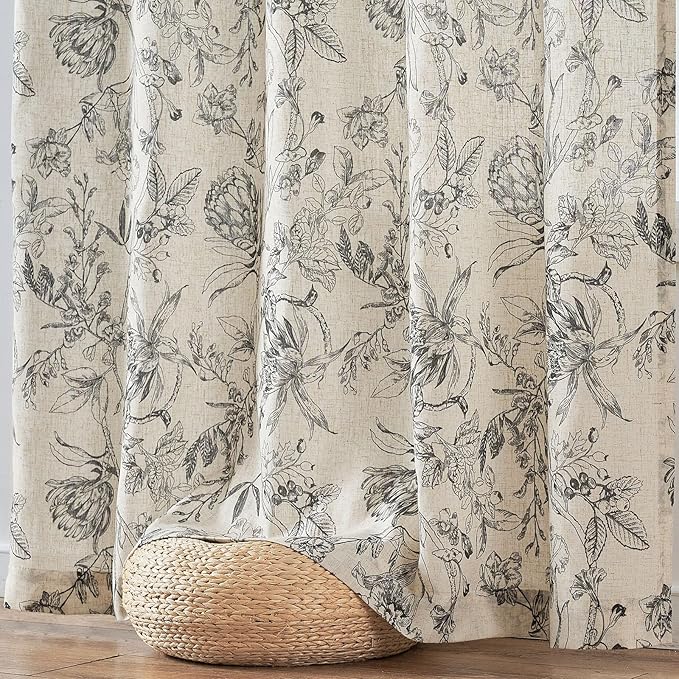 jinchan Floral Curtains 96 Inches Long Black Flower Linen Farmhouse Curtain for Living Room French Country Vintage Curtain Rod Pocket Curtains Set 2 Panels Balck Floral Printed