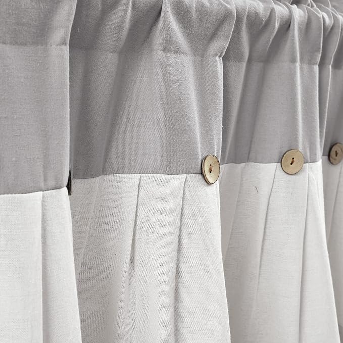 Lush Decor Linen Button Farmhouse Valance Curtians 52"W x 18"L Gray & Off White - Linen Valances For Windows - Kitchen Curtains Valances