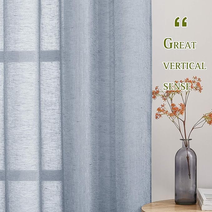 NICETOWN Linen Sheer Sliding Door Curtain 100 Inch, Eyelet Top Semi Privacy Window Treatment Light Filtering Flax Sheer Drapes for Guest Room, W100 x L84, 1 Panel, Sea Mist