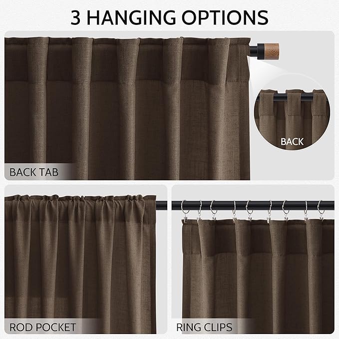 Nanspring Chocolate Linen Blend Light Filtering Back Tab Curtains 96 Inches Long, Semi Sheer Privacy Drapes for Living Room & Bedroom, 52x96 inch, 2 Panels