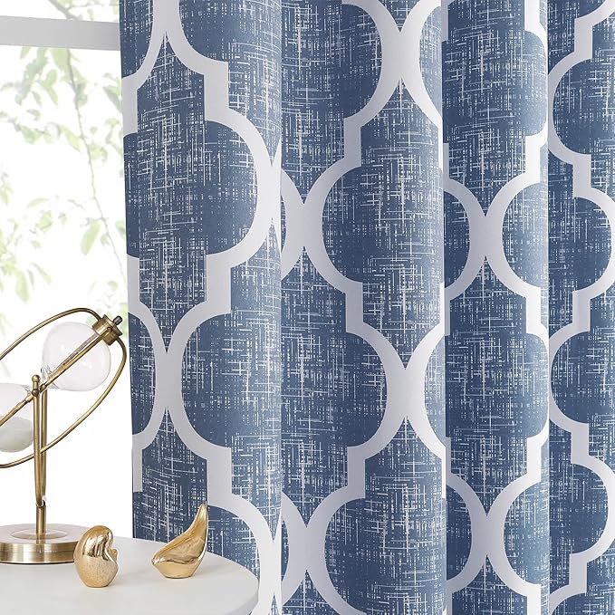 Beauoop 100% Blackout Curtains 90 Inches Long 2 Panels for Bedroom Living Room Blue Moroccan Geo Room Darkening Thermal Insulated Soundproof Grommet Top Window Treatments Drapes, 50x90 Set of 2