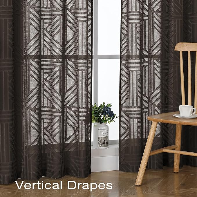 Simplebrand Chocolate Semi Sheer Curtains 45 Inch Length 2 Panels, Geometric Jacquard Clip Textured Short Sheer Curtains for Bedroom，Modern Elegant Window Curtains Drapes/Treatment Sheer，42x45 inch