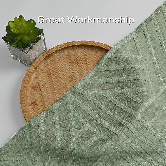 Simplebrand Sage Green Semi Sheer Curtains 45 Inch Length 2 Panels, Geometric Jacquard Clip Textured Short Sheer Curtains for Bedroom，Modern Elegant Window Curtains Drapes/Treatment Sheer，42x45 inch