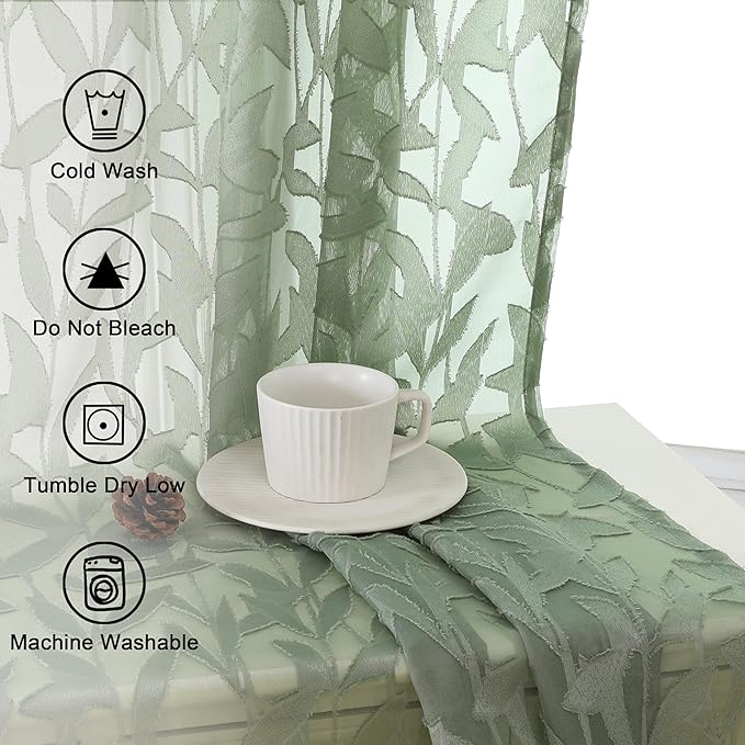 Lecloud Leia Living Room Sheer Curtains 84 Inches Long 2 Panels, Sage Green Leaves Jacquard Clip Voile Curtains with Dual Rod Pocket, Farmhouse Gauzy Curtain Drapes for Bedroom French Door, 38x84 Inch