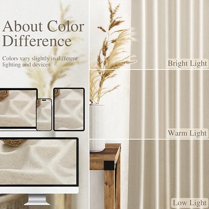 Nanspring Vanilla Linen Curtains for Living Room 63 Inch Length Luxury Light Filtering Semi Sheer Curtain Back Tab Modern Farmhouse Decor Elegant Coastal Drapes for Bedroom Office 52x63, 2 Panels