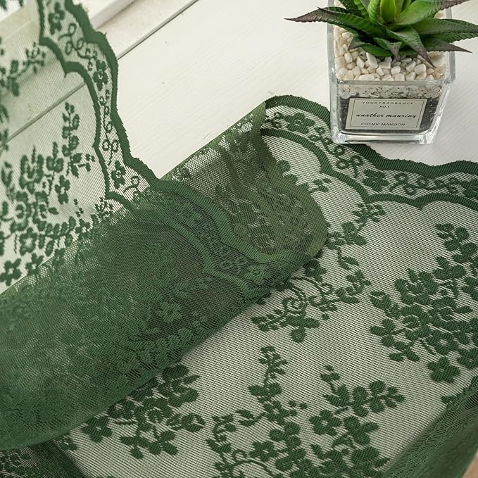 YJ YANJUN Vintage Lace Curtains 84 Inches Long- Country Olive Green Boho Sheer Curtains for Living Room Bedroom Scalloped Light Filtering Christmas Décor 2 Panels Set W52 X L84 Dark Forest