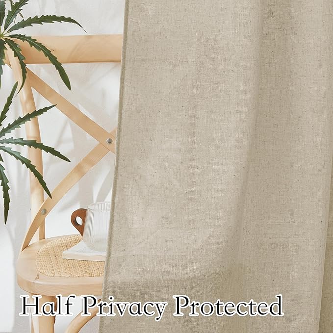 RYB HOME Linen Sheer Curtains for Bedroom Privacy Textured Sheer Window Curtains for Living Room Bathroom Dining, Beige, Wide 52 x Long 90, 2 Panels