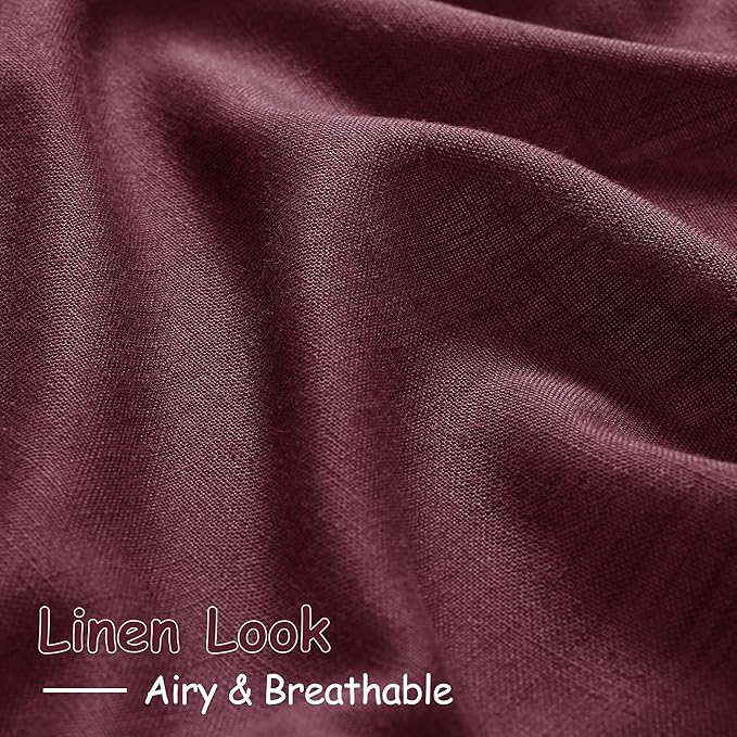 Burgundy Linen Curtains 90 Inch Long 2 Panels Set for Bedroom Living Room Linen Textured Window Drapes Semi Sheer Light Filtering Rod Pocket Back Tab Cotton Textured Farmhouse Curtain 52x90