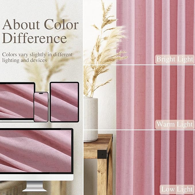 Rose Linen Curtains 84 Inch Long 2 Panel Set with Back Tab Rod Pocket Light Filtering Privacy Semi Sheer Textured for Neutral Farmhouse Style Bedroom and Living Room 52x84