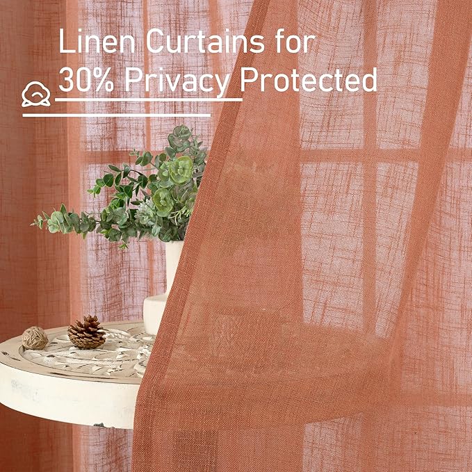 LAMIT Short Window Linen Curtains 36 Inch Length 2 Panels, Terracotta Light Filtering Panels Back Tab and Rod Pocket Neutral Drapes for Bathroom/Loft Room, 34 x 36 Inch