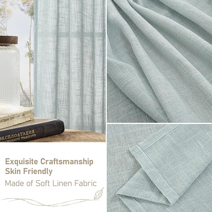 LAMIT Sheer Linen Curtains 63 inches Long for Bedroom, Bronze Grommet Linen Drapes Light Filtering Semi Sheer Curtains for Small Window/Kitchen, 2 Panels, 34 x 63 Inch, Greyish Blue