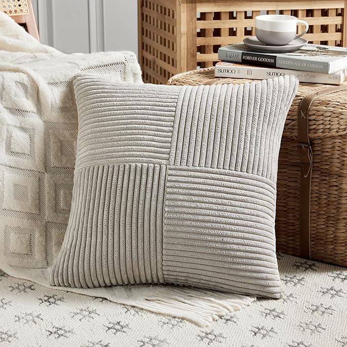 Fancy Homi 2 Packs Neutral Grey Samll Decorative Throw Pillow Covers 12x12 Inch with for Couch Bed Sofa, Rustic Farmhouse Boho Home Decor, Soft Corss Patchwork Corduroy Square Cushion Case 30x30 cm