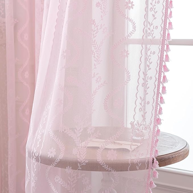 WAZZIO Boho Lace Curtains 84 Inch 2 Panels -Sheer Panel Drape Floral Pattern & Tassel Light Filtering Privacy for Bedroom Dining Living Room,Princess Pink Girl Bedroom Decor,Pale Pink,W52 x 84L