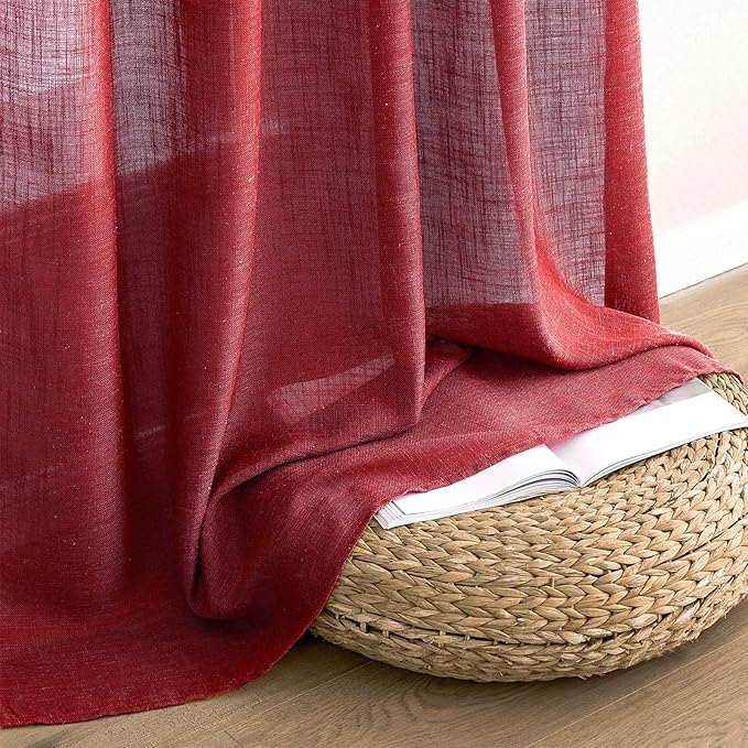 MIULEE Burgundy Red Linen Curtains 72 Inch Length for Bedroom Living Room, Soft Thick Linen Textured Window Drapes Semi Sheer Light Filtering Back Tab Rod Pocket Burlap Look Christmas Decor, 2 Panels