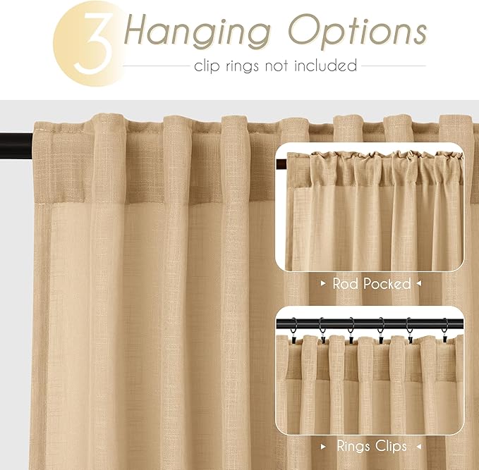 Tan Linen Curtains 84 inches Long for Living Room Back Tab Rustic Farmhouse Semi Sheer Light Filtering Window Curtain Dining Room Soft Thick Flax Linen Textured Drapes Kahki 52x84