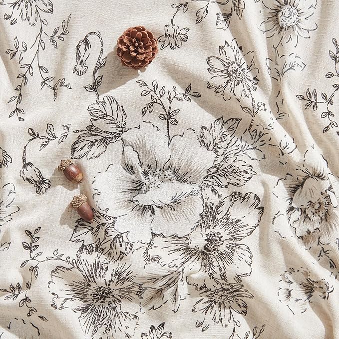 jinchan Linen Blend Curtain Floral Curtains for Living Room 45 Inch Length Black Printed Curtain Rod Pocket Back Tab Farmhouse Peony Flower Patterned Drapes Bedroom Window Curtains Set 2 Panels
