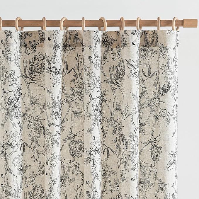 jinchan Floral Curtains 84 Inches Long Black Flower Linen Farmhouse Curtain for Living Room French Country Vintage Curtain Rod Pocket Curtains Set 2 Panels Balck Floral Printed