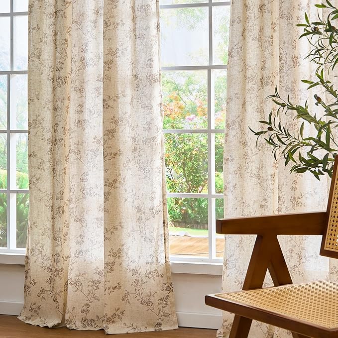 Lazzzy Taupe Floral Linen Curtains 84 Inch Farmhouse Back Tab Drapes for Living Room Bedroom Light Filtering Vintage Grandmillennial Rod Pocket Curtains, 2 Panels, W38 x L84, Taupe on Beige