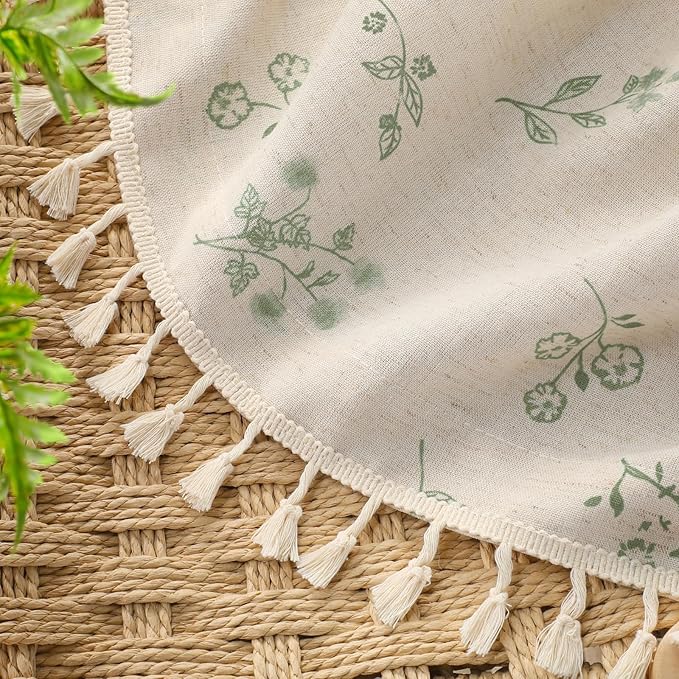 Boho Floral Spring 100% Blackout Curtains 84 Inch Length 2 Panels Set, Linen Texture Farmhouse Curtains with Beige Tassel for Living Room Bedroom, Vintage Rustic Rod Pocket,Green