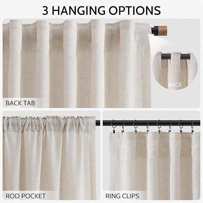 Nanspring Pearl White Linen Curtains 84 Inches Long for Living Room Light Filtering Semi Sheer Curtain Back Tab and Rod Pocket Coastal Decor Elegant Neutral Luxury Drapes for Bedroom 52x84, 2 Panels
