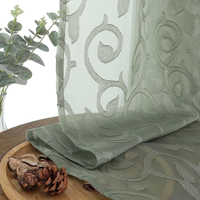 OWENIE Furman Sage Green Sheer Curtains 54 Inch Length 2 Panels Set for Living Room Bedroom Bathroom Small Window, Airy Jacquard Clip Short Curtains Each 42Wx54L inch