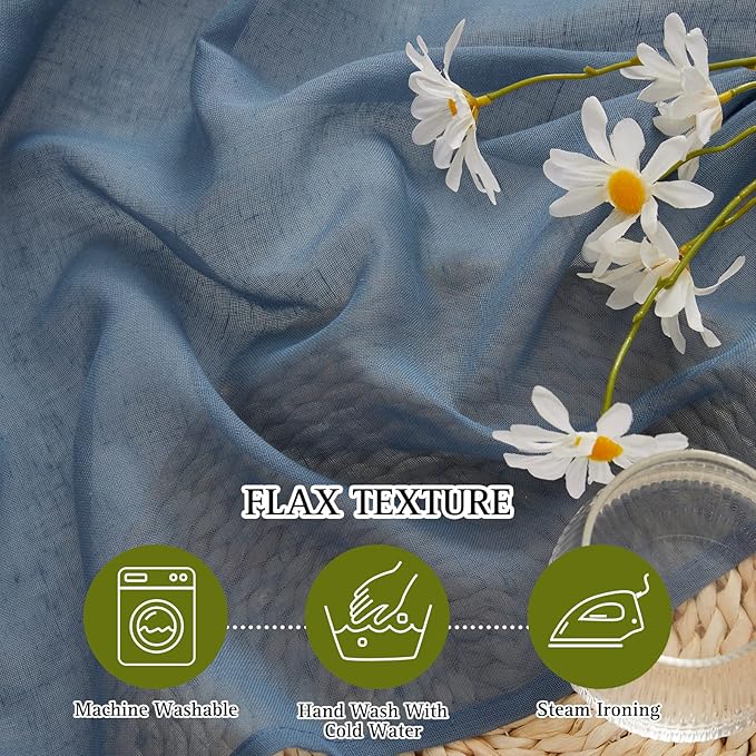 NICETOWN Flax Linen Sheer Curtains for Bedroom, Grommet Linen Blend Semi Sheer Vintage Curtains & Drapes Privacy with Light Filtering for Living Room, Stone Blue, 52" W x 72" L, Set of 2