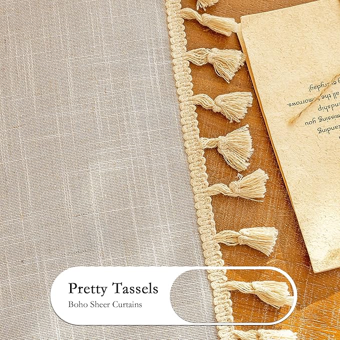 MYSKY HOME Boho Cream Curtains with Macrame 72 Inch Length, Semi Sheer Drapes for Living Room Privacy Protect Rustic Farmhouse Style Back Tab for Doorways, 50" x 72", Natural，2 Panels