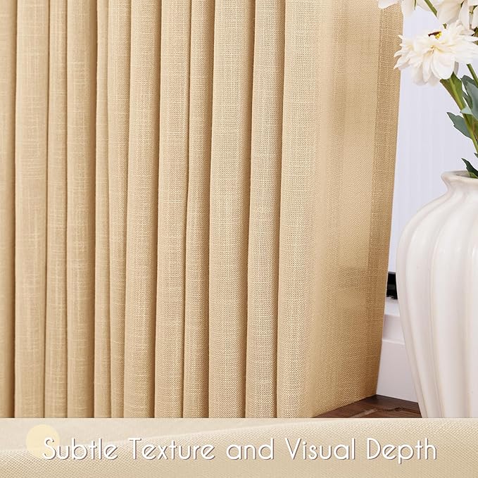 Tan Linen Curtains 96 inches Long for Living Room Back Tab Rustic Farmhouse Semi Sheer Light Filtering Window Curtain Dining Room Soft Thick Flax Linen Textured Drapes Kahki 52x96