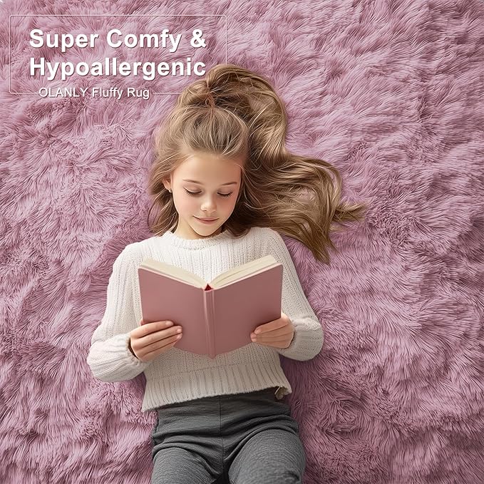 OLANLY 6x9 Machine Washable Large Area Rugs for Living Room, Bedroom, Soft Fluffy Shaggy Bedside Rug, Indoor Floor Carpet for Kids Girls and Boys, Dorms, Nursery, Home Decor Aesthetic, Blush