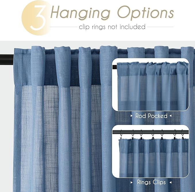 Denim Blue Curtains for Living Room Back Tab Modern Farmhouse Semi Sheer Blue Curtains 132 inches Long 2 Panels Set Muted Neutral Window Curtain for Dining Room Bedroom 52x132