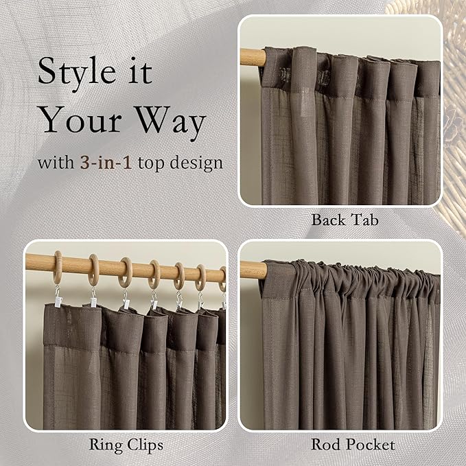 MYSKY HOME Dark Brown Curtains for Beroom Liivng Room 84 Inch Length 2 Panels Set, Semi Sheer Soft Touch Light Filtering Drapes for Sliding Glass Door Farmhouse Boho Curtain, 50" Wide, 2 PCs