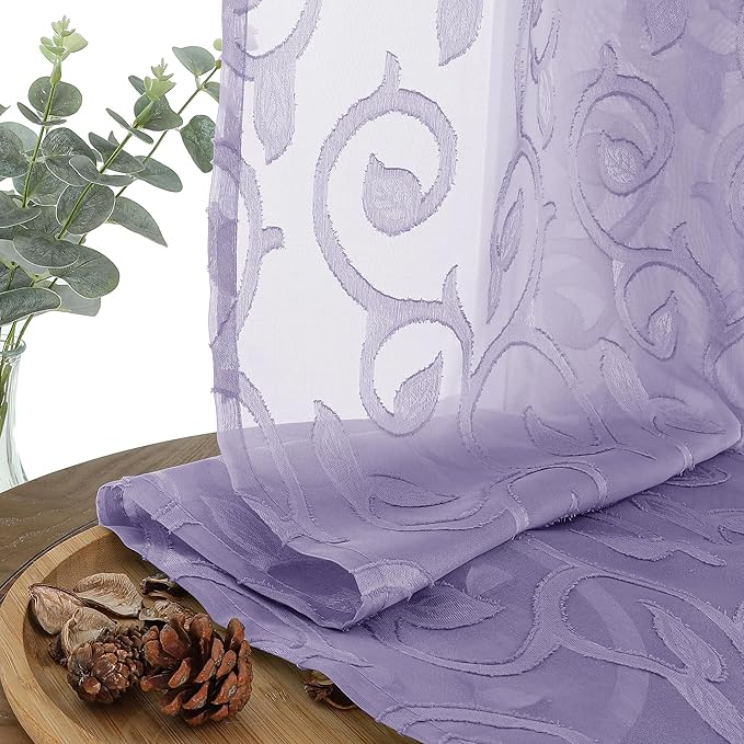 OWENIE Furman Light Purple Sheer Curtains 54 Inch Length 2 Panels Set for Living Room Bedroom, Jacquard Clip Short Curtains for Small Window, Modern Rod Pocket Bathroom Window Curtain 42W inch 54L