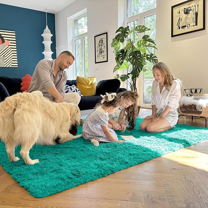 OLANLY Area Rugs for Living Room Bedroom, Machine Washable 4x5.9 ft Soft Fluffy Shaggy Bedside Rug, Indoor Floor Carpet for Kids Girls and Boys, Dorms, Nursery Rooms, Home Decor Aesthetic, Teal Green