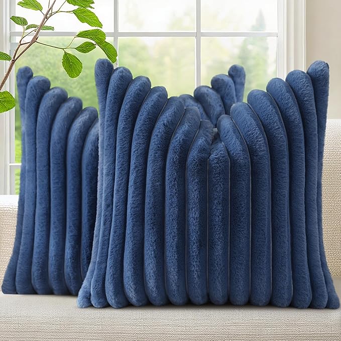 decorUhome Cozy Faux Fur Throw Pillow Covers 22x22 Set of 2 Decorative Soft Plush Striped Modern Farmhouse Boho Couch Euro Sham Pillow Cases with Velvet Back for Sofa Bed Living Room, Blue