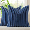 decorUhome Cozy Faux Fur Throw Pillow Covers 24x24 Set of 2 Decorative Soft Plush Striped Modern Farmhouse Boho Couch Euro Sham Pillow Cases with Velvet Back for Sofa Bed Living Room, Blue