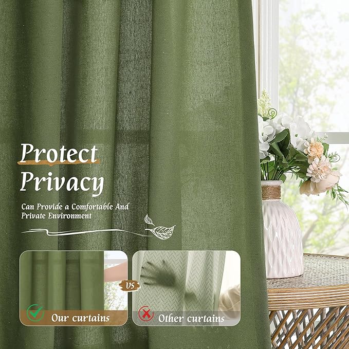 LAMIT Olive Green Linen Curtains 48 Inch for Short Windows, Soft Linen Textured Light Filtering Panels Farmhouse Boho Rod Pocket Drapes for Kitchen/Loft Room, 2 Panels, 42 x 48 Inch