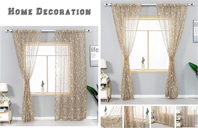 AmHoo 2 Panels Embroidered Leaf Pattern Semi Sheer Curtains Foliage Floral Voile Window Draperies Treatment for Bedroom Living Room Rod Pocket Taupe 53 x 84 Inch