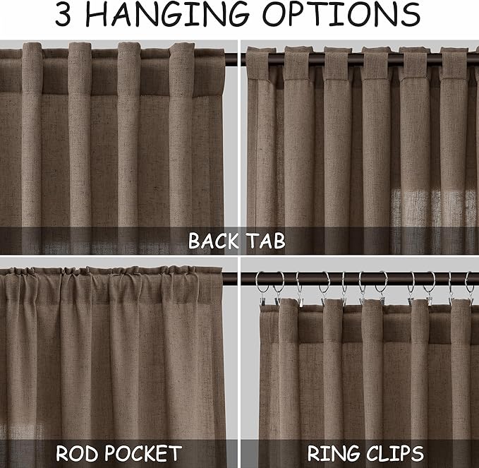 Extra Long Light Brown Curtains 2 Panels 102 Inches Long for Living Room Back Tab Rod Pocket Light Filtering Semi Sheer Drapes Cotton Linen Textured Window Curtain 102 Inch Length for Bedroom 9 FT
