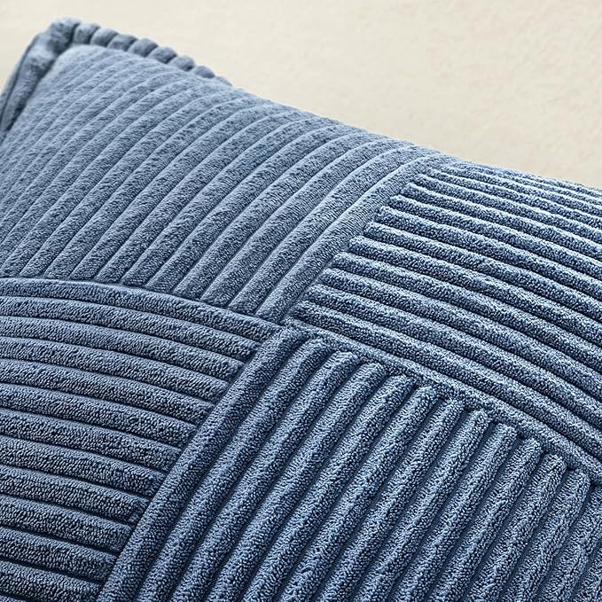 MIULEE Decorative Lumbar Throw Pillow Covers for Couch Bed Livingroom 12x24 Inch Set of 2 Blue Boho Accent Throw Pllows Broadside Striped Patchwork Soft Corduroy Summer Coastal Pillowcases