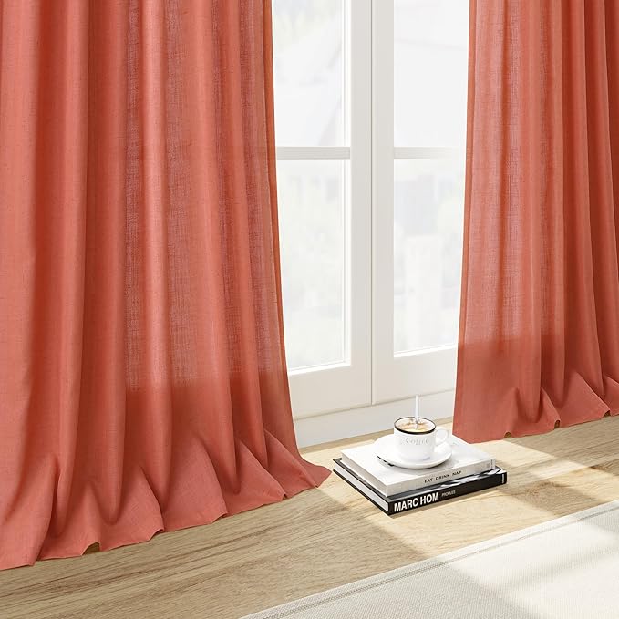 Coral Linen Curtains 84 Inch Length 2 Panels Set Back Tab Rod Pocket Light Filtering Semi Sheer Curtain Textured Neutral Farmhouse Decor Curtains for Bedroom Living Room 52x84