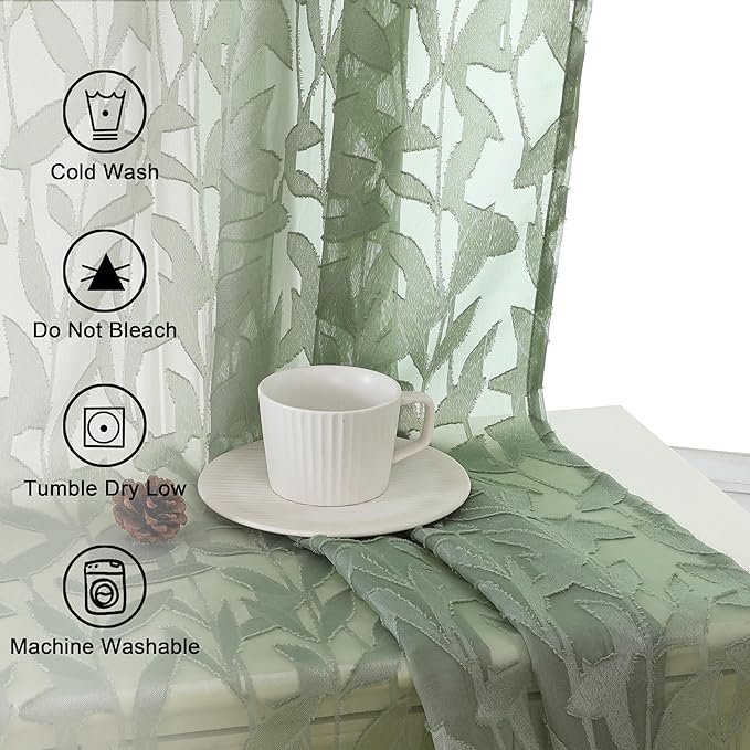 Lecloud Leia Sage Green Sheer Curtains 72 Inches Long 2 Panels, Jacquard Texture Leaves Voile Curtain Balance Light & Privacy, Dual Rod Pockets Drapes for Living Room Bedroom, Each 42" W x 72" L