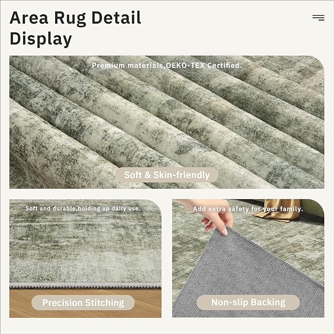 Soalmost Abstract Rug 5x7 Machine Washable Area Indoor Green Black Low Pile Non-Slip Foldable Thin Accent Rugs for Bedroom Living Room Dining Room
