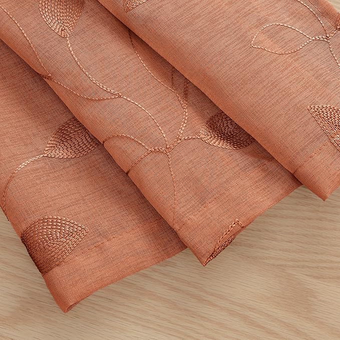HOMEIDEAS Fall Burnt Orange Sheer Curtains 52 x 54 Inch Length 2 Panels Embroidered Leaf Pattern Short Curtains for Bedroom Half Small Window Rod Pocket Kitchen