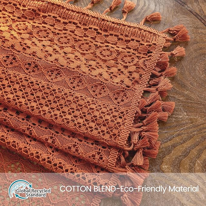 WAZZIO Boho Lace Curtains 72 Inches 2 Panel,Light Filtering Privacy Tassel & Geometry Crochet Semi Sheer Curtain Drapes for Bedroom Living Dining Room,Rod Pocket & Tassel,Full Decor,Burnt Orange