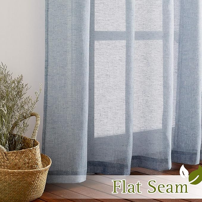 NICETOWN Sheer Curtains Flax Texture for Bedroom, Retro Grommet Top Linen Textured Semitransparent Privacy Window Treatment Light Filter for Living Room, 52" W x 108" L, Set of 2, Sea Mist