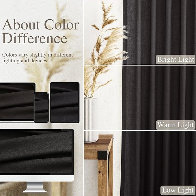 Vintage Black Linen Curtains for Living Room 90 Inches Long Light Filtering Semi Sheer Curtain Back Tab and Rod Pocket Privacy Luxury Gothic Vintage Decor Drapes for Bedroom Office 52x90, 2 Panels