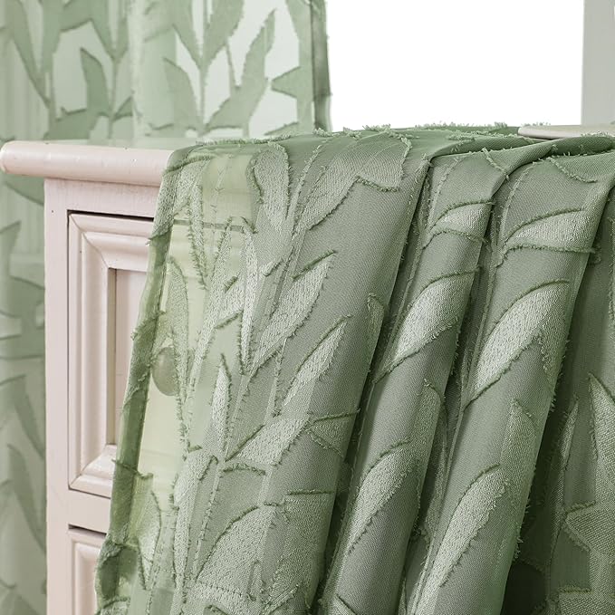 Lecloud Leia Sage Green Valance Sheer Cafe Curtains 24 Inch Length 2 Packs, Bathroom/Basement/Kitchen Curtain Tiers Small Window, Rod Pockets Jacquard Leaves Drapes Living Room Bedroom, 38x24 Inches